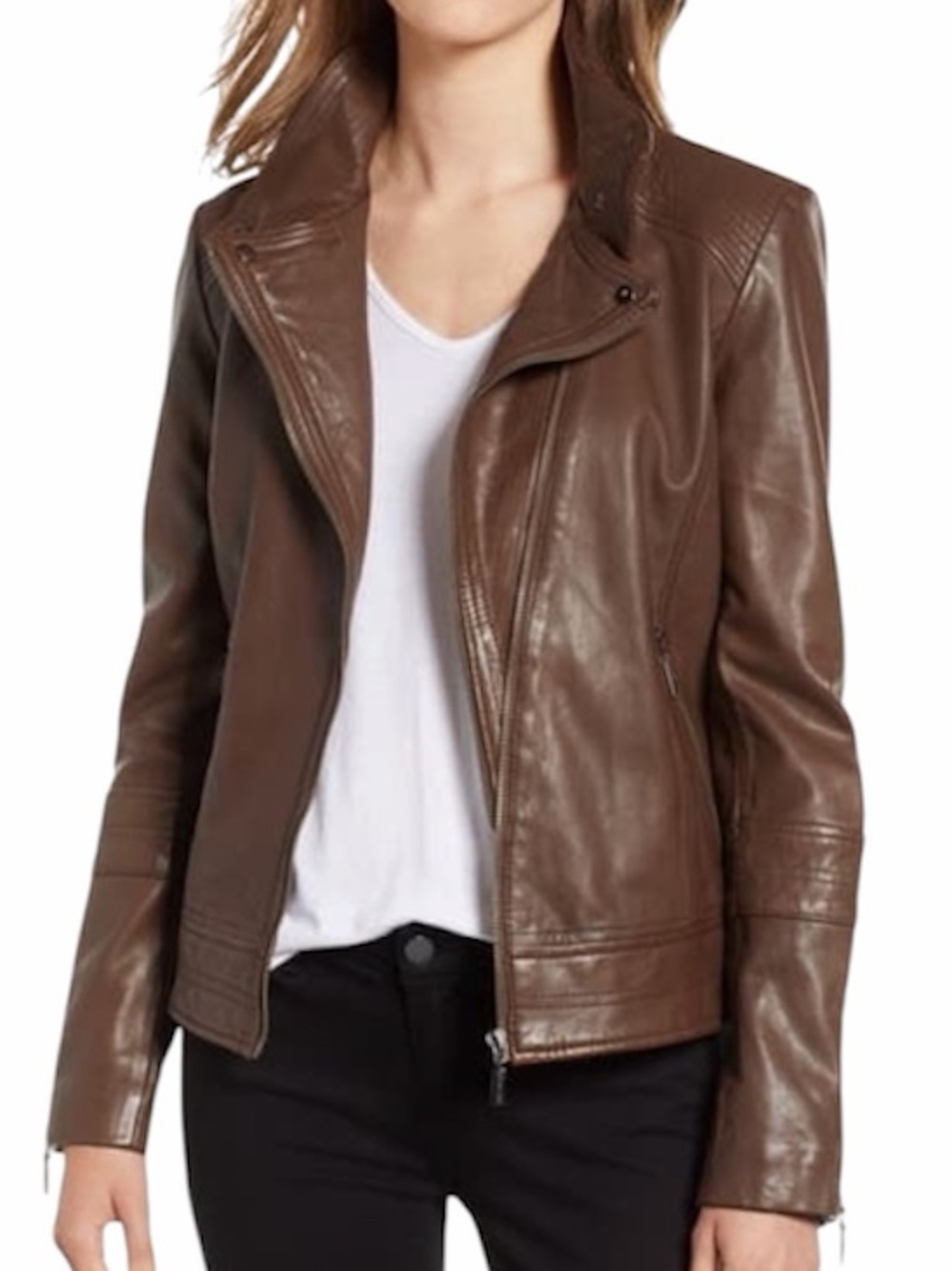 Bernardo Leather Moto Jacket with Stand Up Collar in saddle brown size small